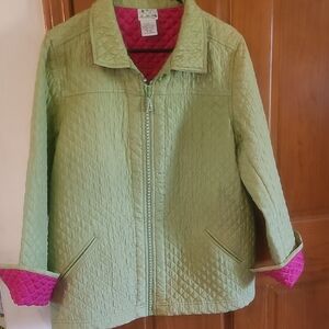 Pea Coat Jacket Light Green Hot Pink Sz L quilted Zip Up